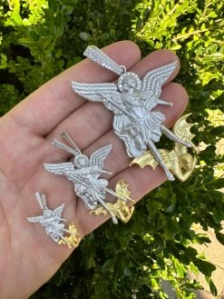 MOISSANITE St Michael Slaying Dragon Pendant 925 Silver & 14k Gold Necklace Iced 38 MOISSANITE St Michael Slaying Dragon Pendant 925 Silver & 14k Gold Necklace Iced -Harlem Bling Shop hip hop moissanite st michael slaying dragon pendant 925 silver and 14k gold necklace iced 08617.1692579069