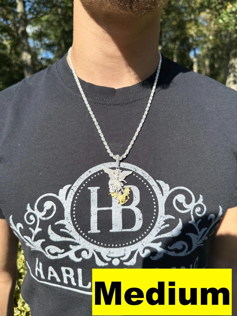 MOISSANITE St Michael Slaying Dragon Pendant 925 Silver & 14k Gold Necklace Iced 6 MOISSANITE St Michael Slaying Dragon Pendant 925 Silver & 14k Gold Necklace Iced - Image 4