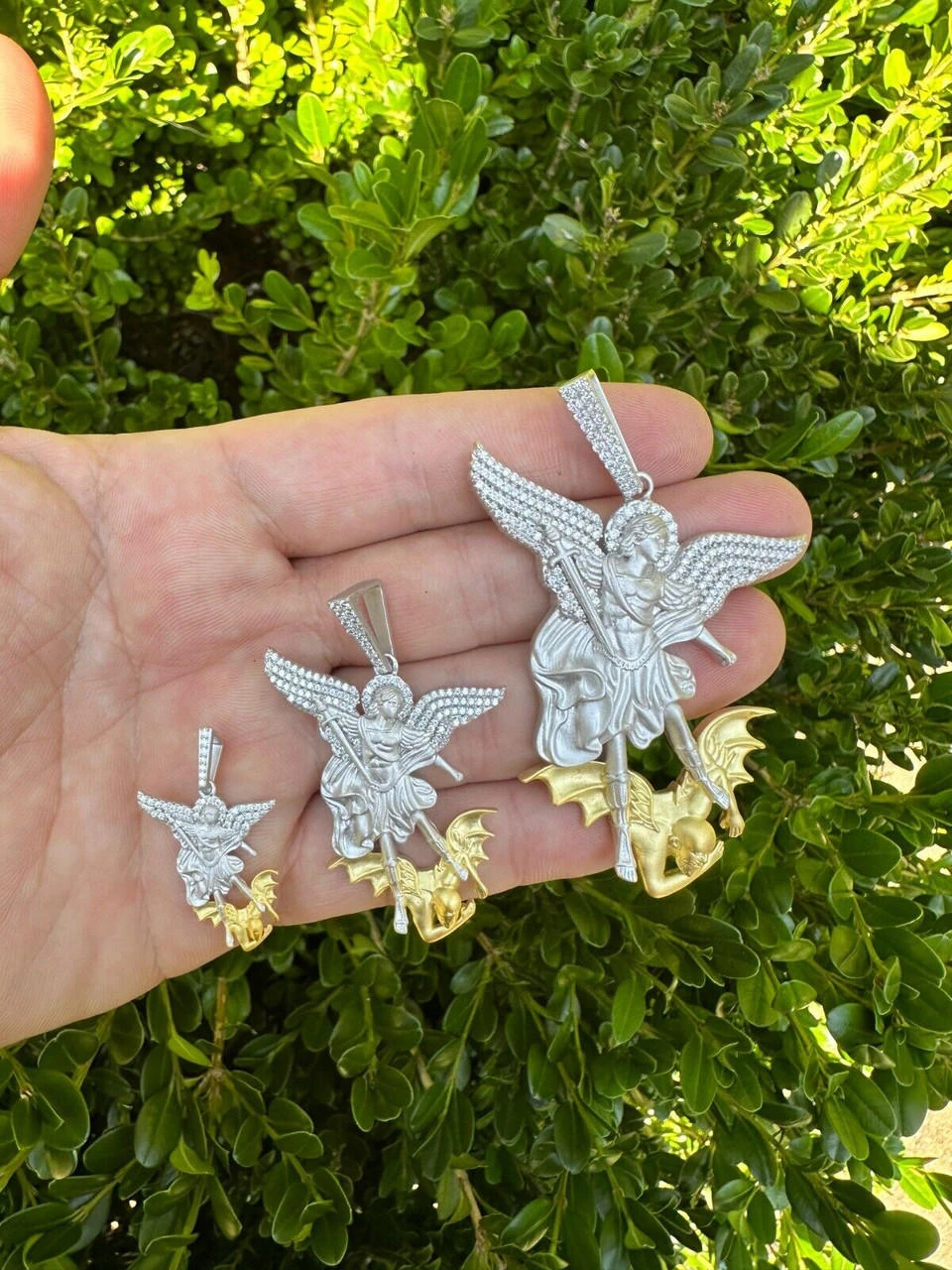 MOISSANITE St Michael Slaying Dragon Pendant 925 Silver & 14k Gold Necklace Iced 21 MOISSANITE St Michael Slaying Dragon Pendant 925 Silver & 14k Gold Necklace Iced - Image 19