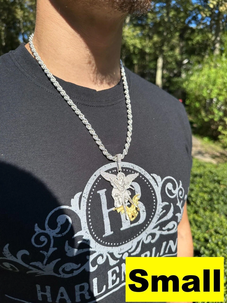 MOISSANITE St Michael Slaying Dragon Pendant 925 Silver & 14k Gold Necklace Iced 15 MOISSANITE St Michael Slaying Dragon Pendant 925 Silver & 14k Gold Necklace Iced - Image 13