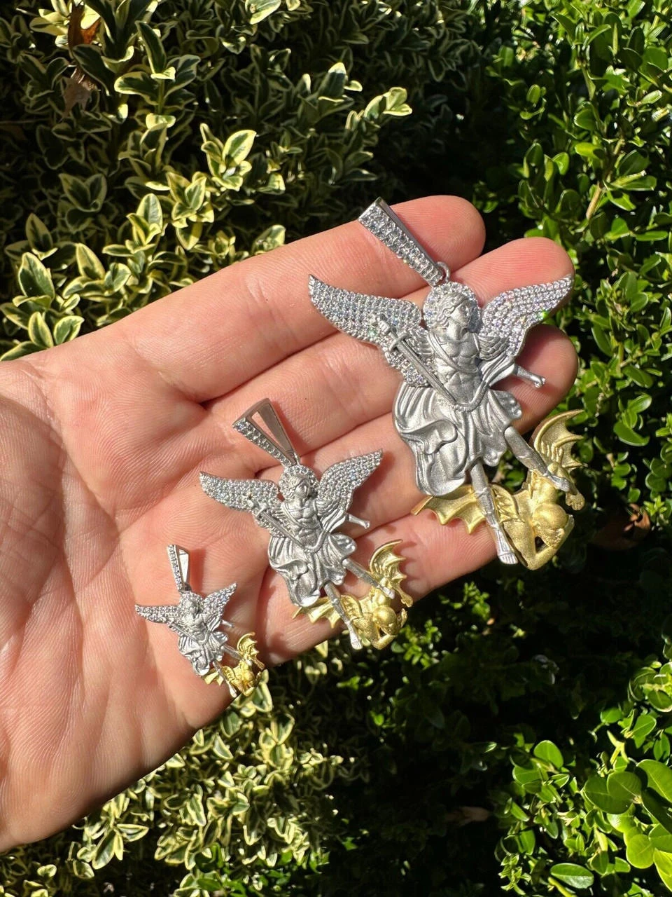 MOISSANITE St Michael Slaying Dragon Pendant 925 Silver & 14k Gold Necklace Iced 4 MOISSANITE St Michael Slaying Dragon Pendant 925 Silver & 14k Gold Necklace Iced - Image 2