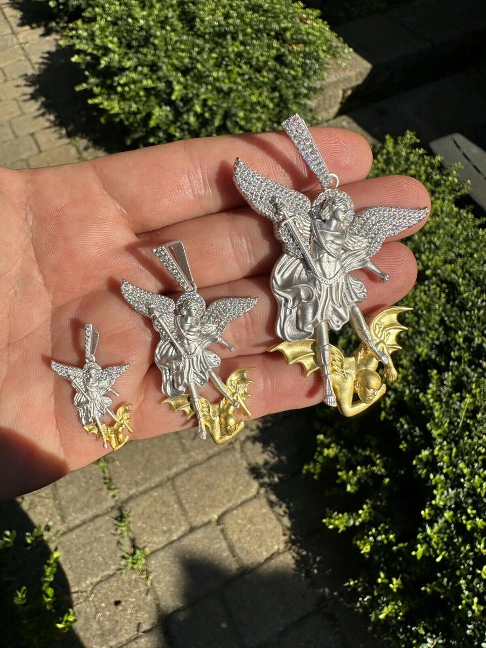 MOISSANITE St Michael Slaying Dragon Pendant 925 Silver & 14k Gold Necklace Iced 11 MOISSANITE St Michael Slaying Dragon Pendant 925 Silver & 14k Gold Necklace Iced - Image 9