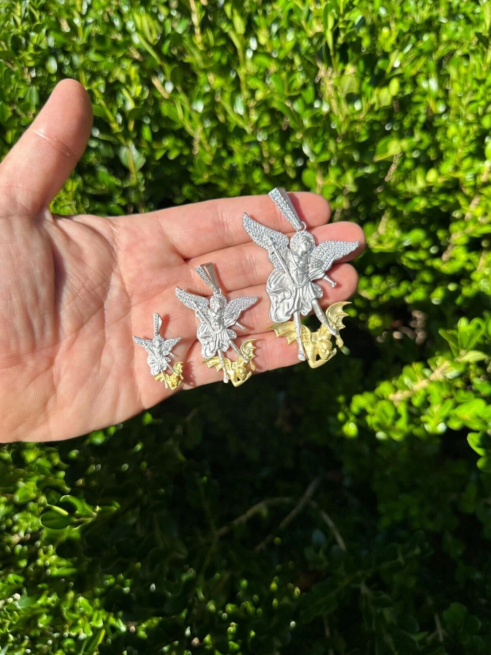 MOISSANITE St Michael Slaying Dragon Pendant 925 Silver & 14k Gold Necklace Iced 22 MOISSANITE St Michael Slaying Dragon Pendant 925 Silver & 14k Gold Necklace Iced - Image 20