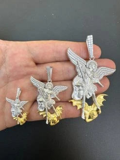 MOISSANITE St Michael Slaying Dragon Pendant 925 Silver & 14k Gold Necklace Iced 37 MOISSANITE St Michael Slaying Dragon Pendant 925 Silver & 14k Gold Necklace Iced -Harlem Bling Shop hip hop moissanite st michael slaying dragon pendant 925 silver and 14k gold necklace iced 89732.1692579061
