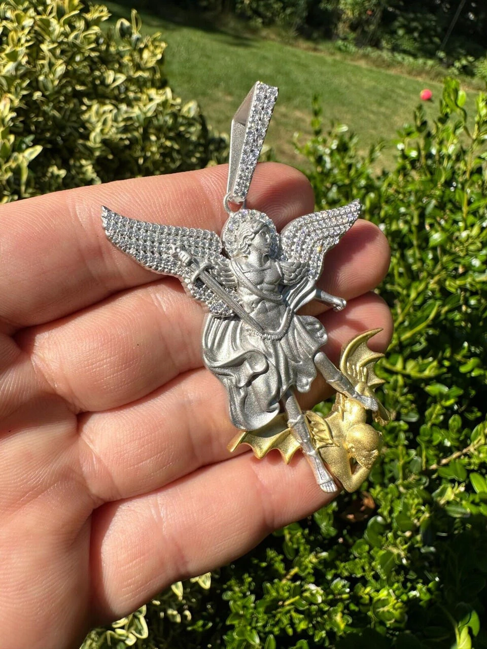 MOISSANITE St Michael Slaying Dragon Pendant 925 Silver & 14k Gold Necklace Iced 7 MOISSANITE St Michael Slaying Dragon Pendant 925 Silver & 14k Gold Necklace Iced - Image 5