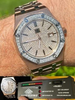 MOISSANITE Watch Iced Automatic Skeleton Back Rose Gold & Stainless Steel 44mm