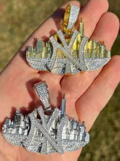 Hip Hop New York NYC Skyline Pendant Iced Diamond Real 925 Silver Gold Necklace