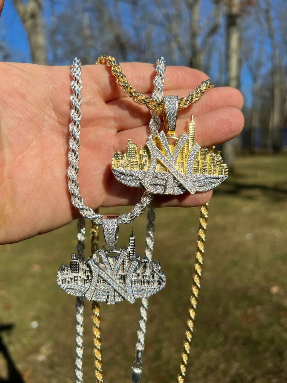 Hip Hop New York NYC Skyline Pendant Iced Diamond Real 925 Silver Gold Necklace 4 Hip Hop New York NYC Skyline Pendant Iced Diamond Real 925 Silver Gold Necklace - Image 2