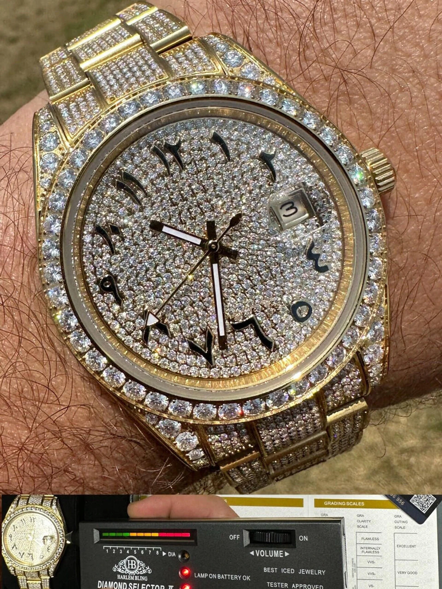 No Logo 16ct MOISSANITE Mens Gold Presidential Watch Honeycomb Iced Arabic Dial 3 No Logo 16ct MOISSANITE Mens Gold Presidential Watch Honeycomb Iced Arabic Dial