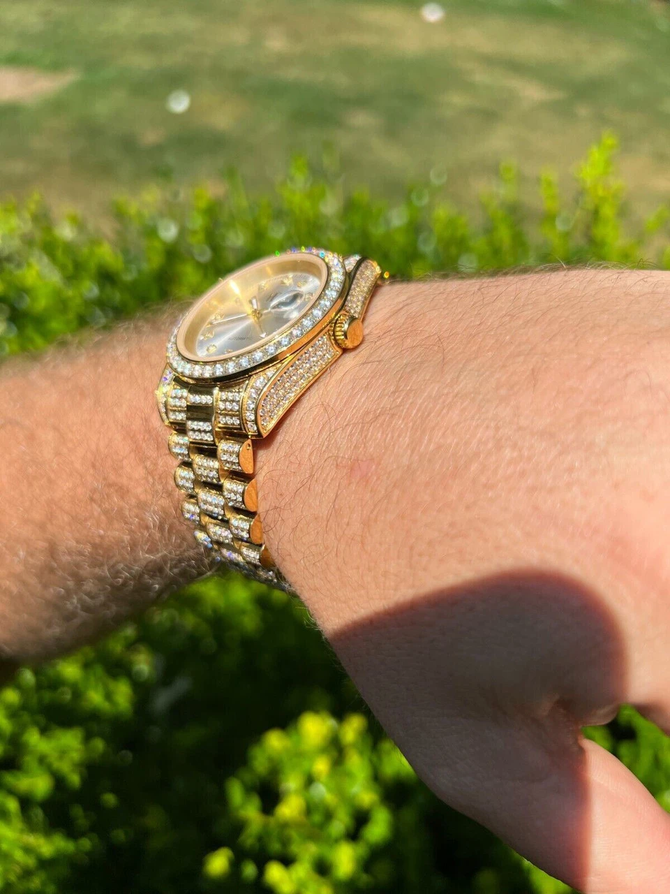 Real 13.3ct MOISSANITE Automatic Presidential Watch Gold Iced Hip Hop Pearl Face 11 Real 13.3ct MOISSANITE Automatic Presidential Watch Gold Iced Hip Hop Pearl Face - Image 9