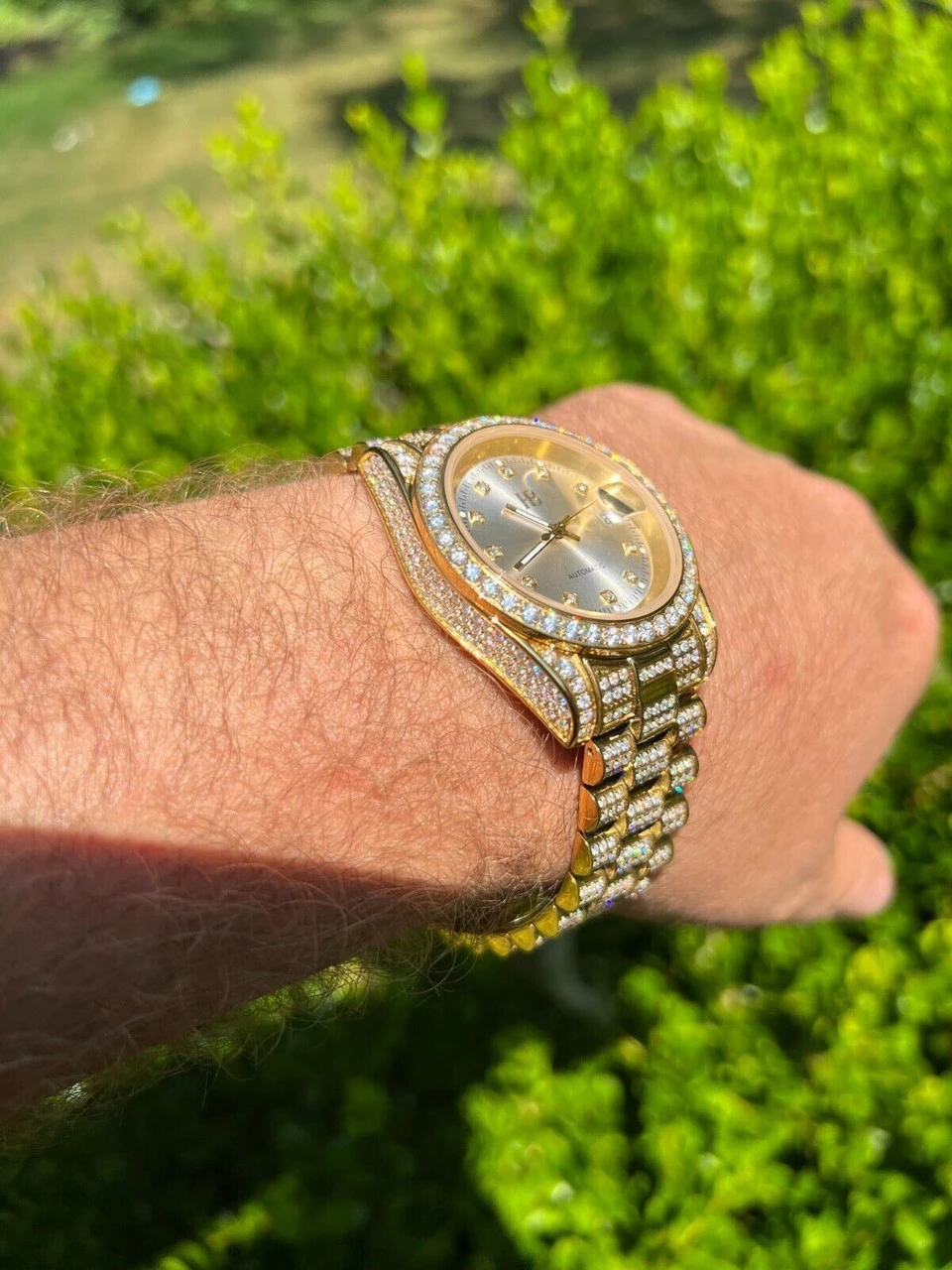 Real 13.3ct MOISSANITE Automatic Presidential Watch Gold Iced Hip Hop Pearl Face 5 Real 13.3ct MOISSANITE Automatic Presidential Watch Gold Iced Hip Hop Pearl Face - Image 3