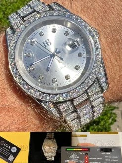 Real 13.3ct MOISSANITE Automatic Presidential Watch Silver Iced Hip Hop Pearl