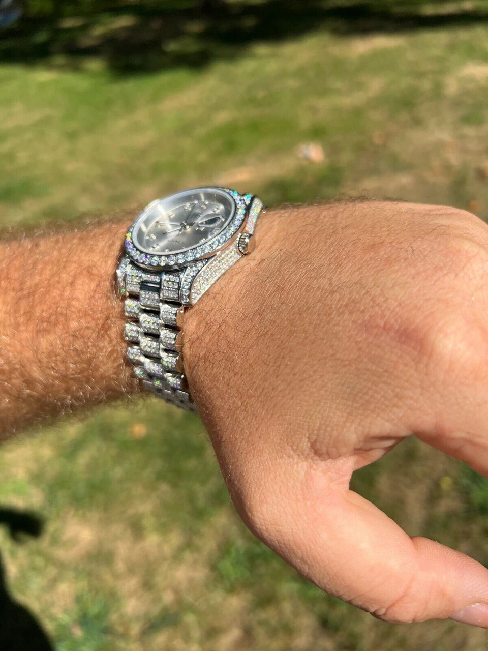 Real 13.3ct MOISSANITE Automatic Presidential Watch Silver Iced Hip Hop Pearl 5 Real 13.3ct MOISSANITE Automatic Presidential Watch Silver Iced Hip Hop Pearl - Image 3