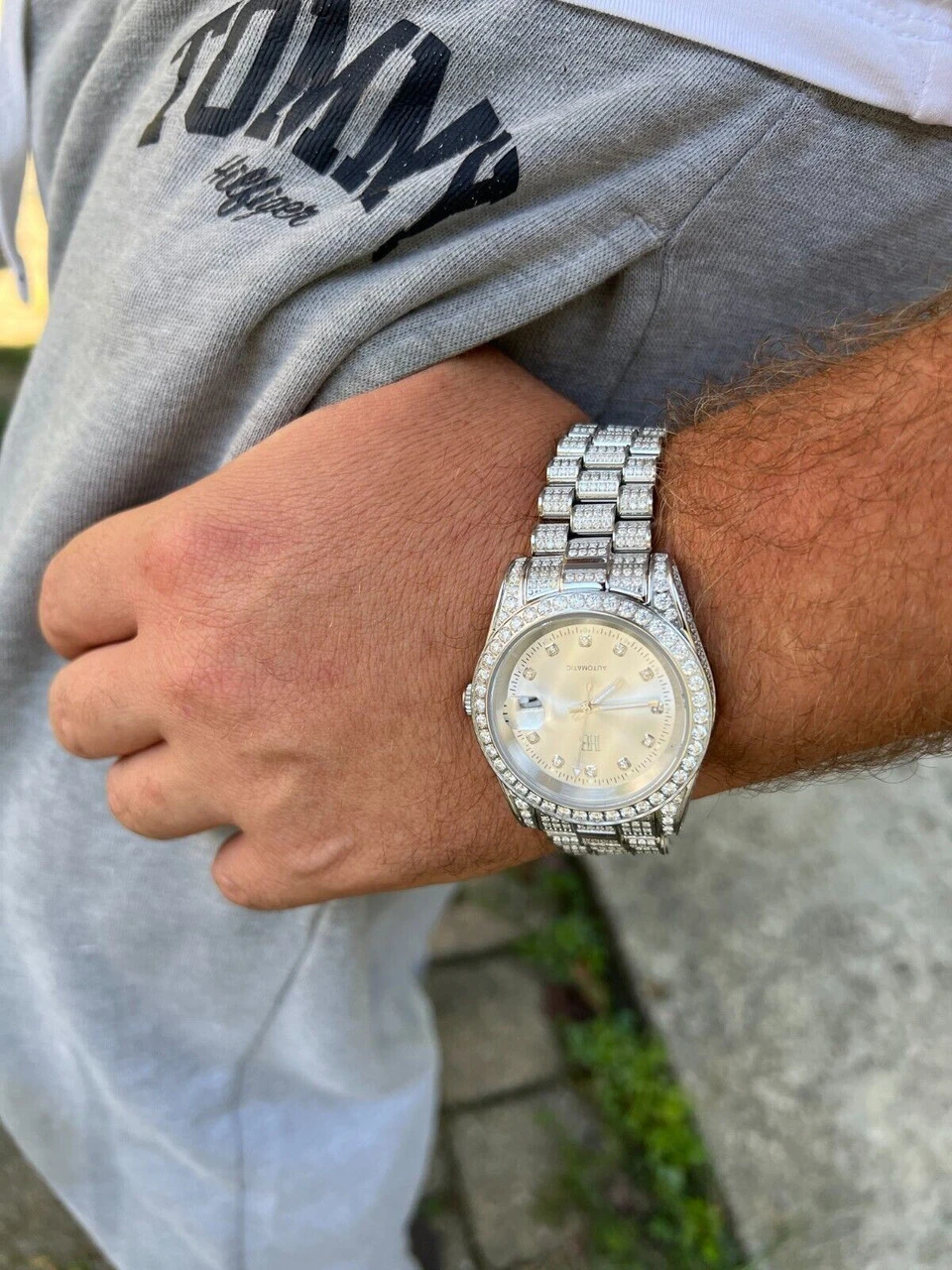 Real 13.3ct MOISSANITE Automatic Presidential Watch Silver Iced Hip Hop Pearl 12 Real 13.3ct MOISSANITE Automatic Presidential Watch Silver Iced Hip Hop Pearl - Image 10