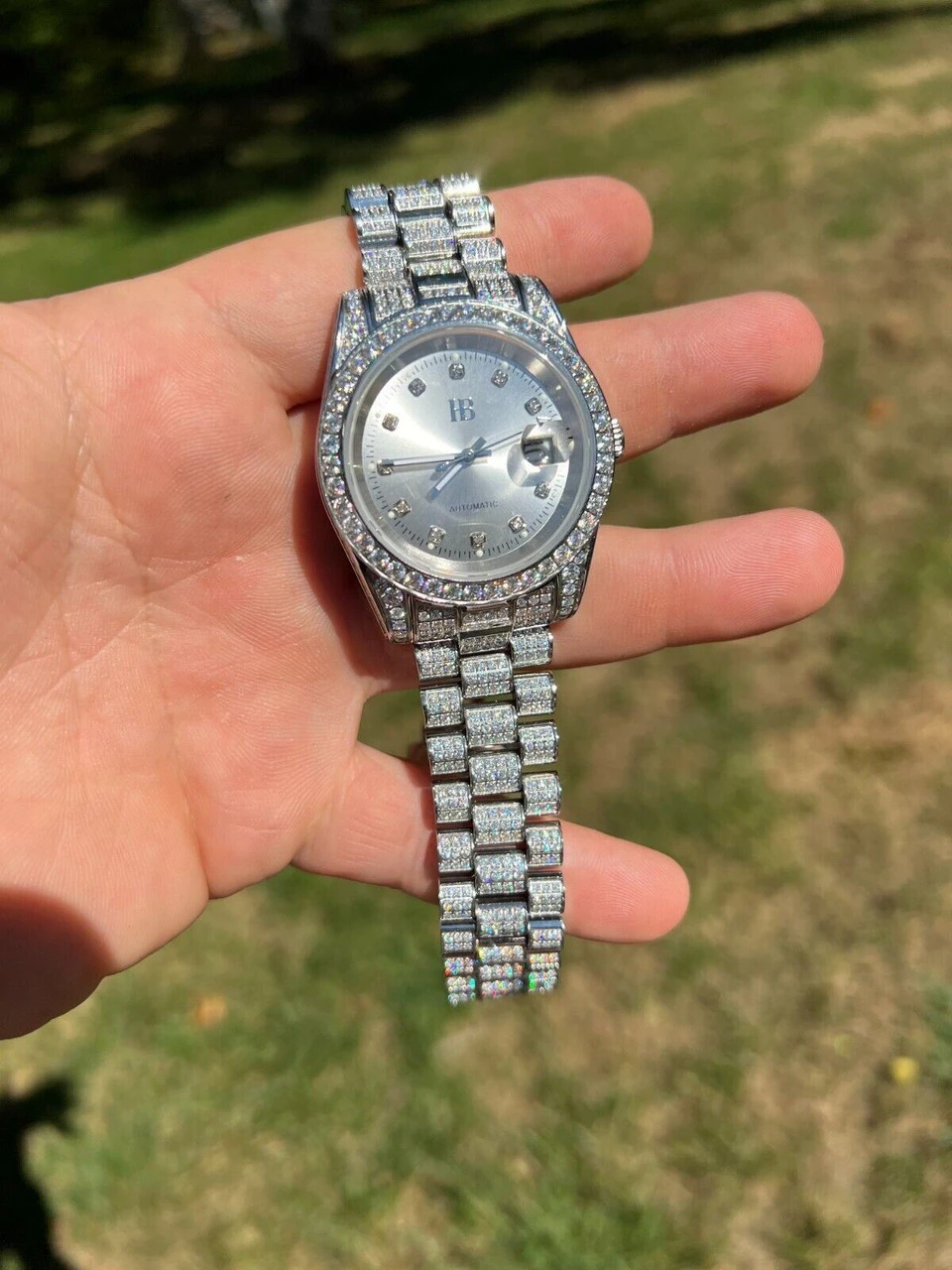 Real 13.3ct MOISSANITE Automatic Presidential Watch Silver Iced Hip Hop Pearl 8 Real 13.3ct MOISSANITE Automatic Presidential Watch Silver Iced Hip Hop Pearl - Image 6