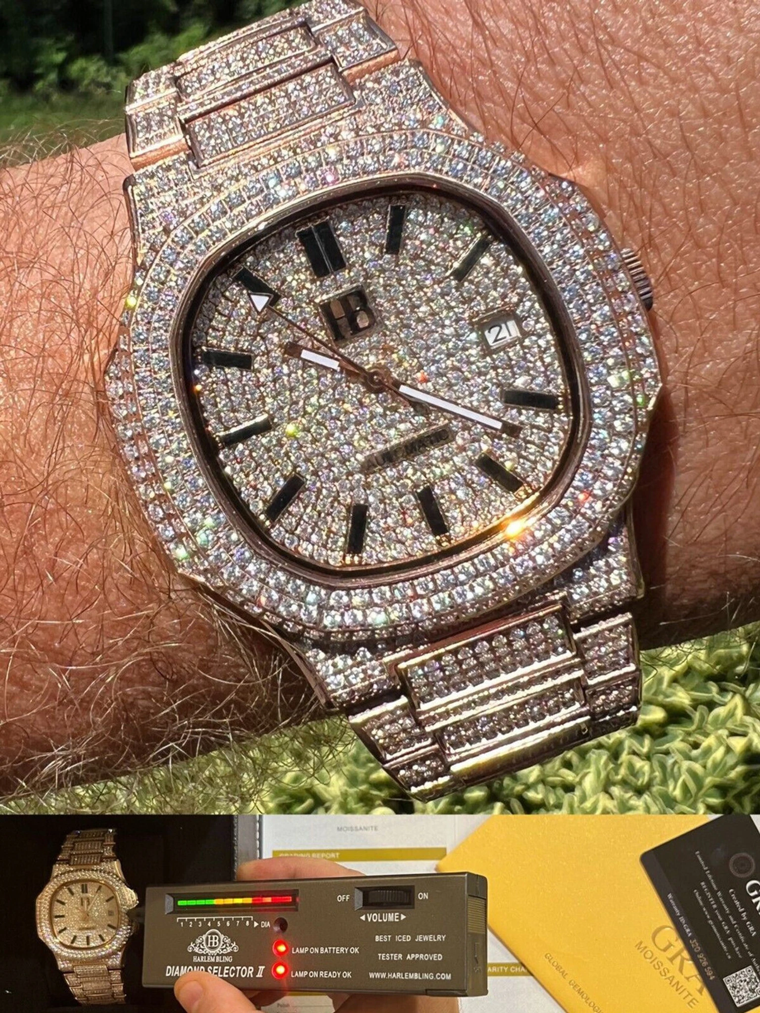 Real 14ct MOISSANITE Mens Watch Iced Stainless 14k Rose Gold Pass Diamond Test 3 Real 14ct MOISSANITE Mens Watch Iced Stainless 14k Rose Gold Pass Diamond Test