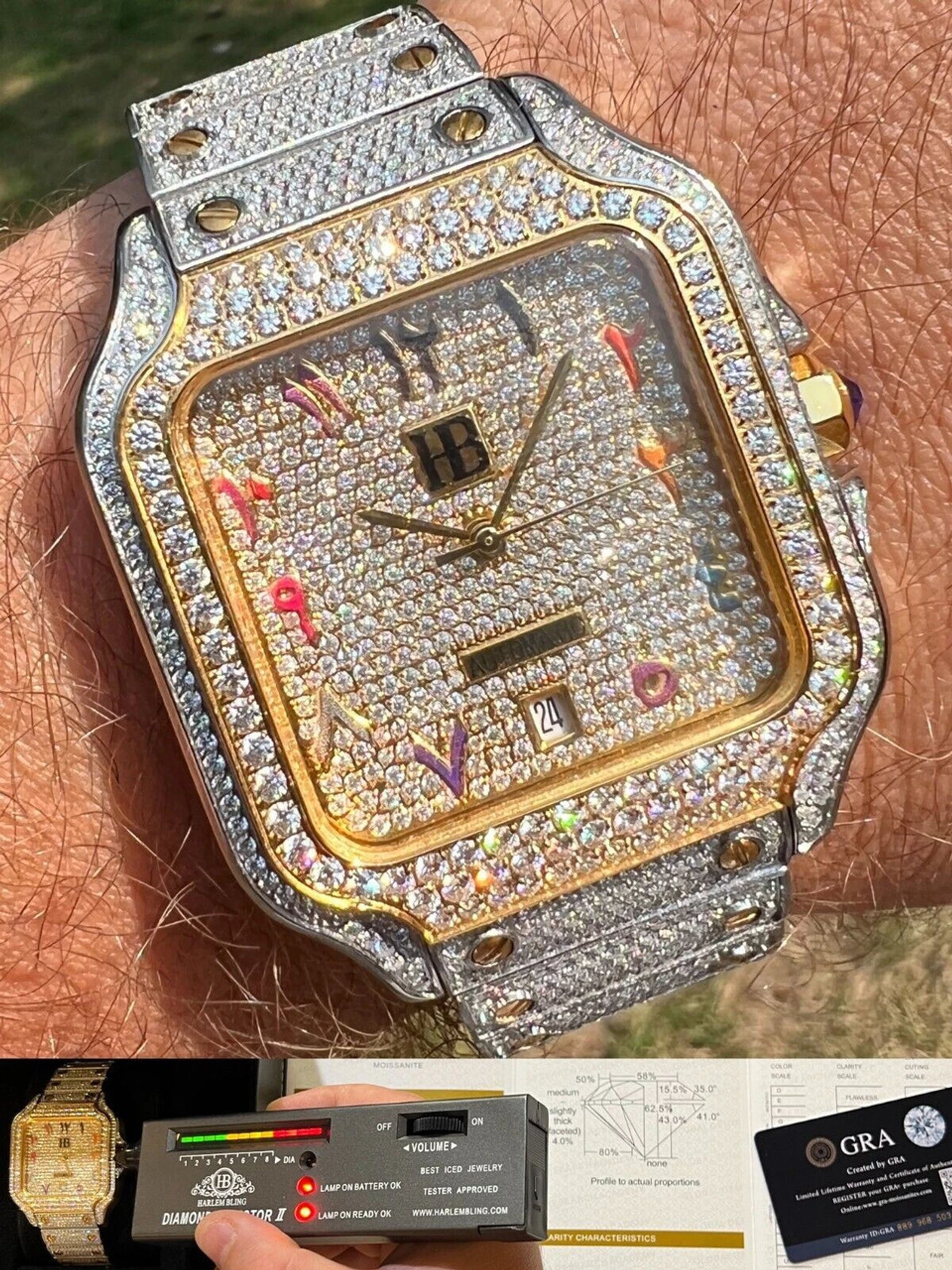 Real 16ct VVS MOISSANITE Watch Iced Automatic Movement Gold Hip Hop Arabic Out 3 Real 16ct VVS MOISSANITE Watch Iced Automatic Movement Gold Hip Hop Arabic Out
