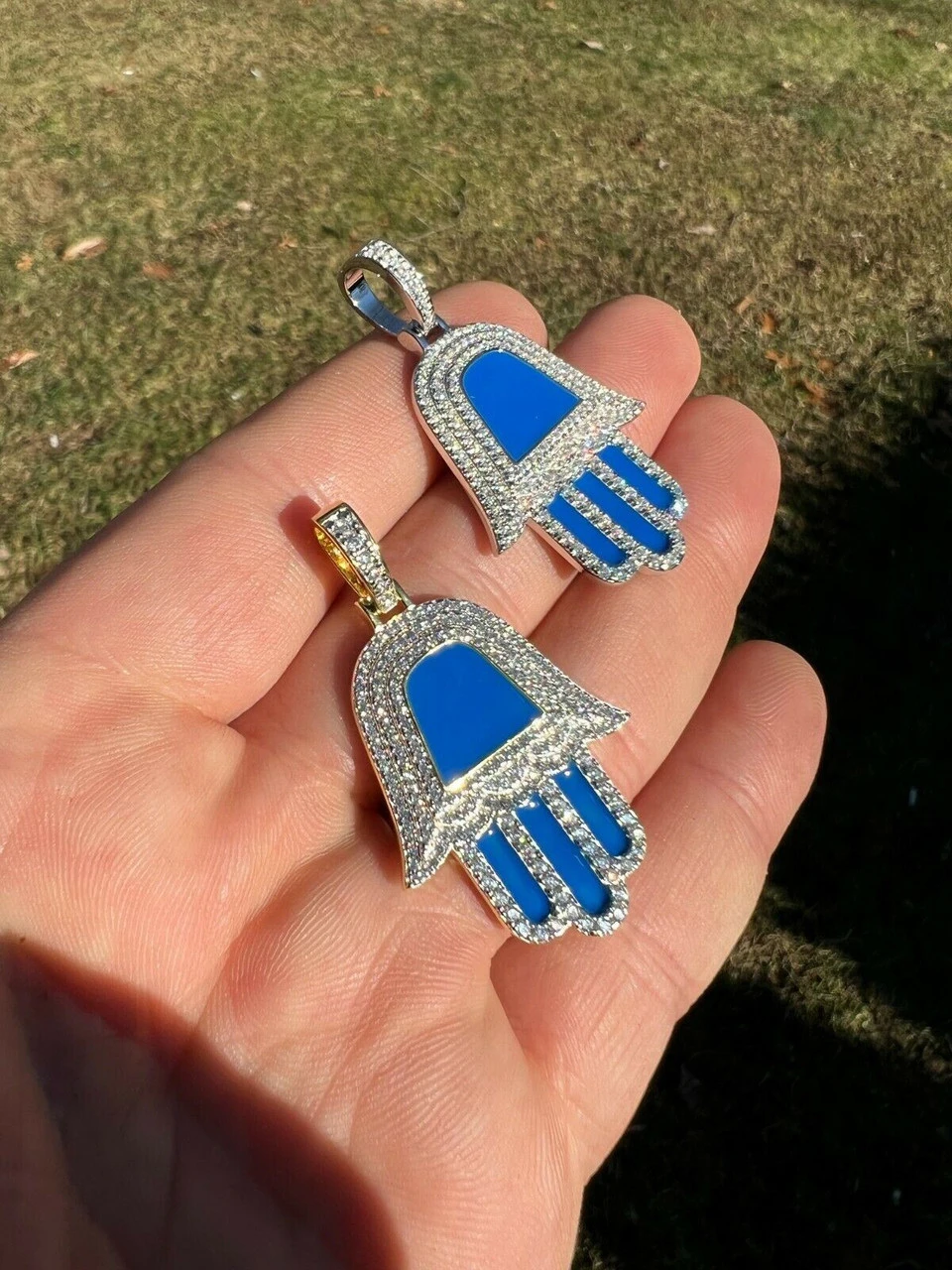 Real 925 Silver Gold Blue Hamsa Hand Pendant Iced Diamond Necklace Hamza Hip Hop 11 Real 925 Silver Gold Blue Hamsa Hand Pendant Iced Diamond Necklace Hamza Hip Hop - Image 9