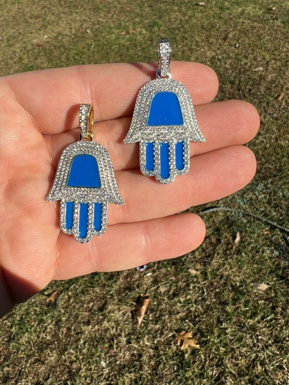 Real 925 Silver Gold Blue Hamsa Hand Pendant Iced Diamond Necklace Hamza Hip Hop 4 Real 925 Silver Gold Blue Hamsa Hand Pendant Iced Diamond Necklace Hamza Hip Hop - Image 2
