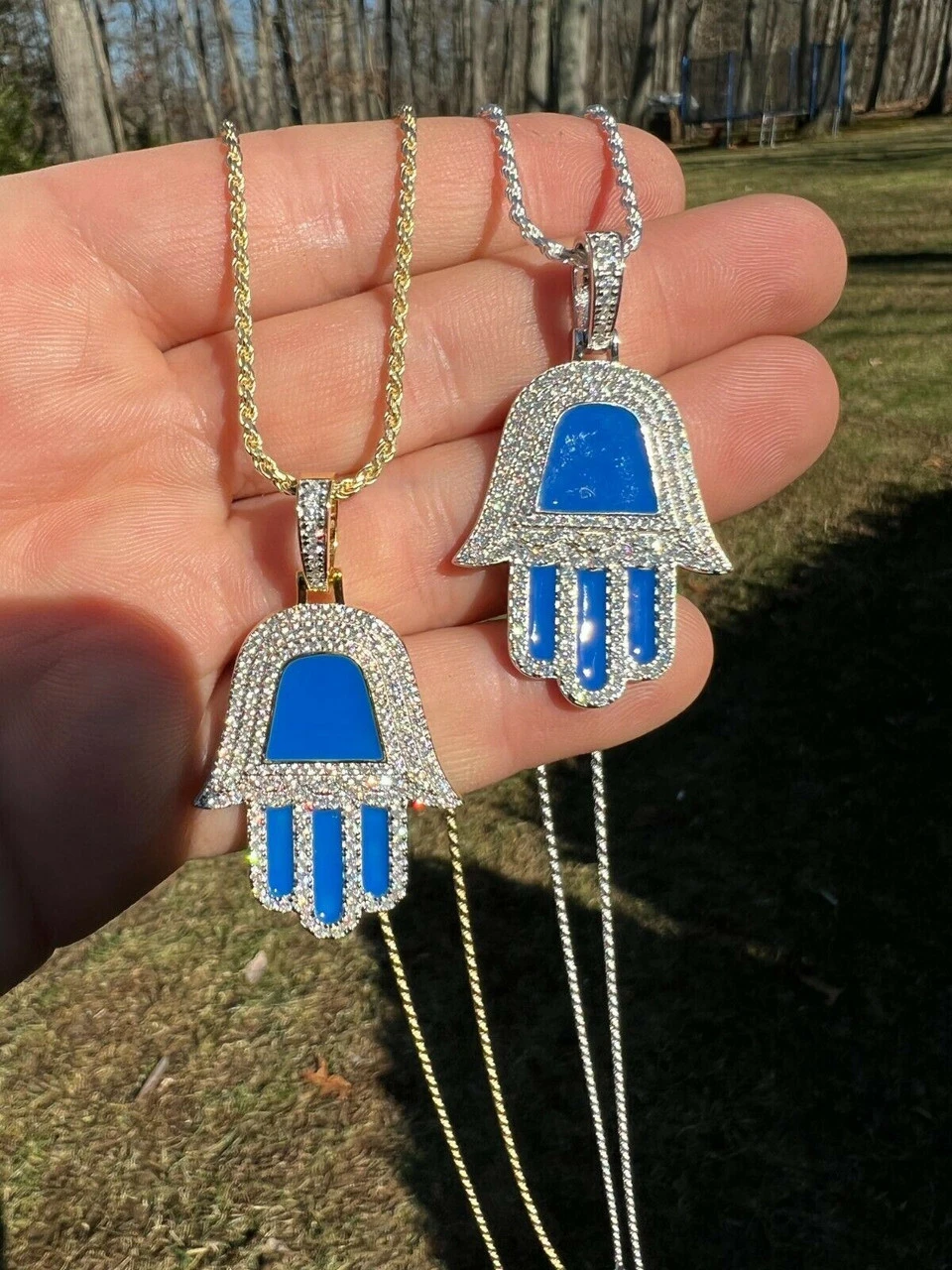 Real 925 Silver Gold Blue Hamsa Hand Pendant Iced Diamond Necklace Hamza Hip Hop 5 Real 925 Silver Gold Blue Hamsa Hand Pendant Iced Diamond Necklace Hamza Hip Hop - Image 3