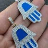 Real 925 Silver Gold Blue Hamsa Hand Pendant Iced Diamond Necklace Hamza Hip Hop