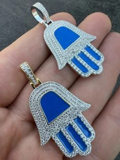 Real 925 Silver Gold Blue Hamsa Hand Pendant Iced Diamond Necklace Hamza Hip Hop