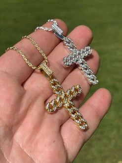 Real 925 Silver / Gold Cuban Link Cross Pendant Iced Hip Hop Diamond Necklace -Harlem Bling Shop hip hop real 925 silver gold cuban link cross pendant iced hip hop diamond necklace 40200.1664382256