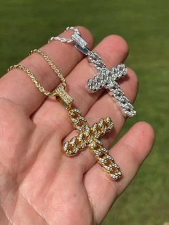 Real 925 Silver / Gold Cuban Link Cross Pendant Iced Hip Hop Diamond Necklace -Harlem Bling Shop hip hop real 925 silver gold cuban link cross pendant iced hip hop diamond necklace 54582.1665670404