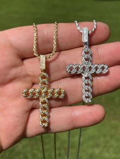 Real 925 Silver / Gold Cuban Link Cross Pendant Iced Hip Hop Diamond Necklace -Harlem Bling Shop hip hop real 925 silver gold cuban link cross pendant iced hip hop diamond necklace 72479.1664396109
