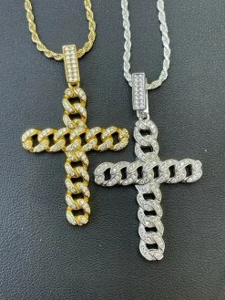 Real 925 Silver / Gold Cuban Link Cross Pendant Iced Hip Hop Diamond Necklace -Harlem Bling Shop hip hop real 925 silver gold cuban link cross pendant iced hip hop diamond necklace 82086.1664376061