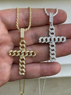 Real 925 Silver / Gold Cuban Link Cross Pendant Iced Hip Hop Diamond Necklace -Harlem Bling Shop hip hop real 925 silver gold cuban link cross pendant iced hip hop diamond necklace 92529.1664393454