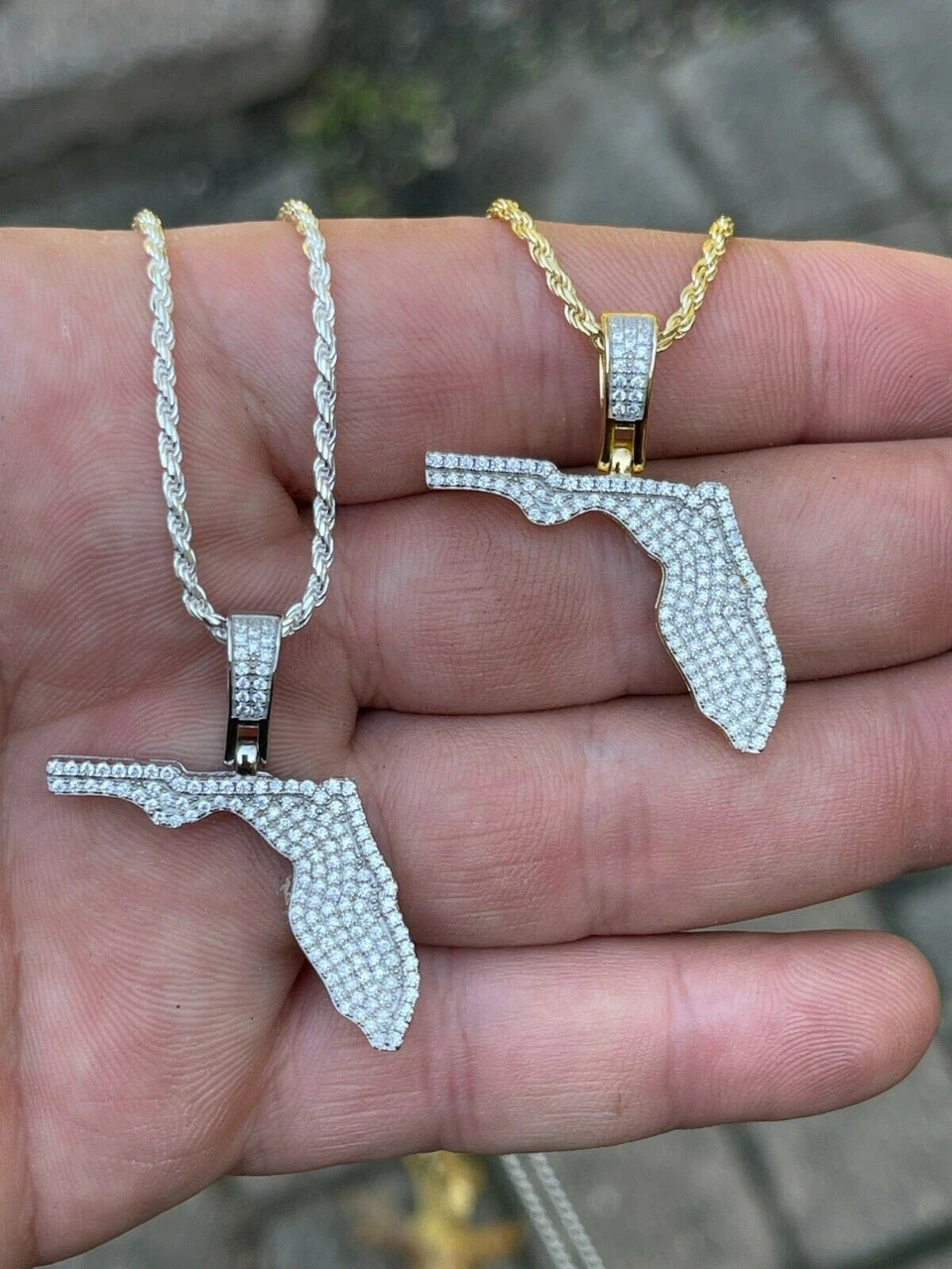 Real 925 Silver Hip Hop Florida State Shape Pendant Iced Diamond Necklace Gold 10 Real 925 Silver Hip Hop Florida State Shape Pendant Iced Diamond Necklace Gold - Image 8