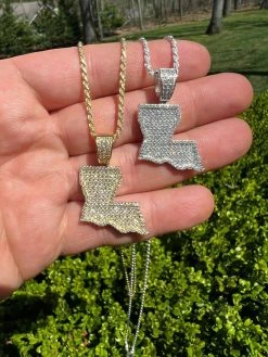 Real 925 Silver Hip Hop Louisiana State Shape Pendant Iced Diamond Necklace Gold -Harlem Bling Shop hip hop real 925 silver hip hop louisiana state shape pendant iced diamond necklace gold 07497.1664355268