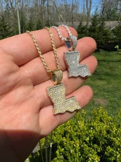 Real 925 Silver Hip Hop Louisiana State Shape Pendant Iced Diamond Necklace Gold -Harlem Bling Shop hip hop real 925 silver hip hop louisiana state shape pendant iced diamond necklace gold 95336.1664359463