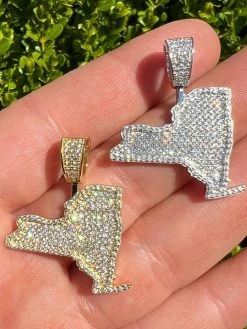 Real 925 Silver Hip Hop New York State Yankees NYC Pendant Iced Necklace Gold