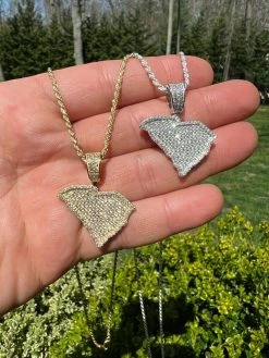 Real 925 Silver Hip Hop South Carolina Shape Pendant Iced Diamond Necklace Gold -Harlem Bling Shop hip hop real 925 silver hip hop south carolina shape pendant iced diamond necklace gold 05589.1664357032