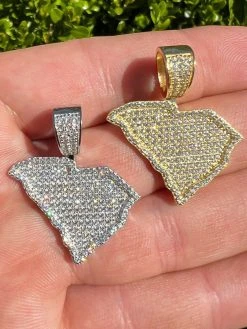 Real 925 Silver Hip Hop South Carolina Shape Pendant Iced Diamond Necklace Gold