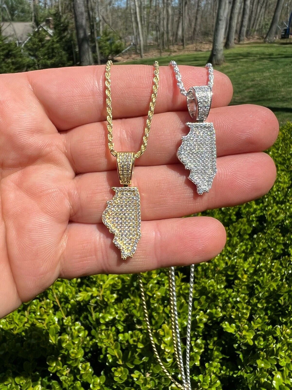 Real 925 Silver HipHop Illinois Chicago Shape Pendant Iced Diamond Necklace Gold 4 Real 925 Silver HipHop Illinois Chicago Shape Pendant Iced Diamond Necklace Gold - Image 2