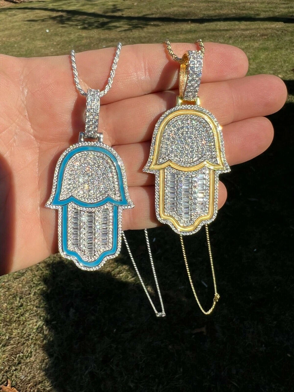 Real 925 Sterling Silver Gold Large Mens Hamsa Hand Pendant Ice Diamond Necklace 11 Real 925 Sterling Silver Gold Large Mens Hamsa Hand Pendant Ice Diamond Necklace - Image 9