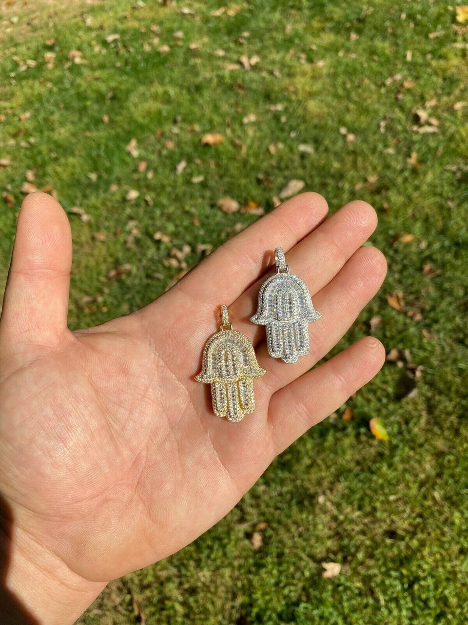 Real 925 Sterling Silver Hamsa Hand Pendant Iced Baguette Diamond Necklace Gold 10 Real 925 Sterling Silver Hamsa Hand Pendant Iced Baguette Diamond Necklace Gold - Image 8