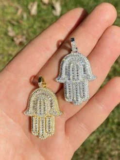 Real 925 Sterling Silver Hamsa Hand Pendant Iced Baguette Diamond Necklace Gold 18 Real 925 Sterling Silver Hamsa Hand Pendant Iced Baguette Diamond Necklace Gold -Harlem Bling Shop hip hop real 925 sterling silver hamsa hand pendant iced baguette diamond necklace gold 87892.1664380386