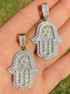 Real 925 Sterling Silver Hip Hop Hamsa Hand Star Of David Pendant Iced Diamond