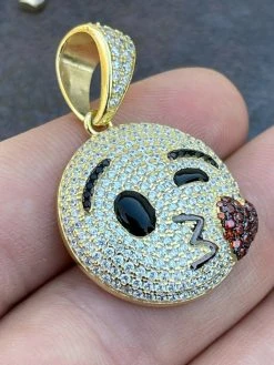 Real 925 Sterling Silver Hip Hop Kiss Face Emoji Pendant Necklace Iced Gold -Harlem Bling Shop hip hop real 925 sterling silver hip hop kiss face emoji pendant necklace iced gold 19562.1664371905