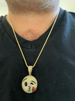 Real 925 Sterling Silver Hip Hop Kiss Face Emoji Pendant Necklace Iced Gold -Harlem Bling Shop hip hop real 925 sterling silver hip hop kiss face emoji pendant necklace iced gold 35573.1664389686