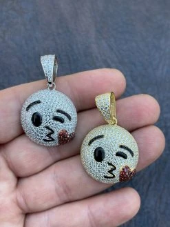 Real 925 Sterling Silver Hip Hop Kiss Face Emoji Pendant Necklace Iced Gold -Harlem Bling Shop hip hop real 925 sterling silver hip hop kiss face emoji pendant necklace iced gold 74407.1664373356