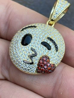 Real 925 Sterling Silver Hip Hop Kiss Face Emoji Pendant Necklace Iced Gold -Harlem Bling Shop hip hop real 925 sterling silver hip hop kiss face emoji pendant necklace iced gold 77482.1664381292