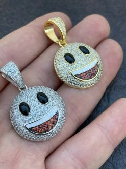 Real 925 Sterling Silver Hip Hop Smiley Face Emoji Pendant Necklace Iced Gold -Harlem Bling Shop hip hop real 925 sterling silver hip hop smiley face emoji pendant necklace iced gold 21914.1664371786