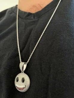 Real 925 Sterling Silver Hip Hop Smiley Face Emoji Pendant Necklace Iced Gold -Harlem Bling Shop hip hop real 925 sterling silver hip hop smiley face emoji pendant necklace iced gold 30846.1664373660