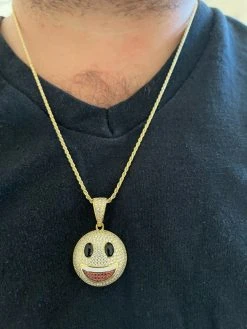 Real 925 Sterling Silver Hip Hop Smiley Face Emoji Pendant Necklace Iced Gold -Harlem Bling Shop hip hop real 925 sterling silver hip hop smiley face emoji pendant necklace iced gold 65598.1664399510