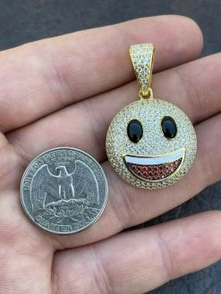 Real 925 Sterling Silver Hip Hop Smiley Face Emoji Pendant Necklace Iced Gold -Harlem Bling Shop hip hop real 925 sterling silver hip hop smiley face emoji pendant necklace iced gold 66756.1664378794